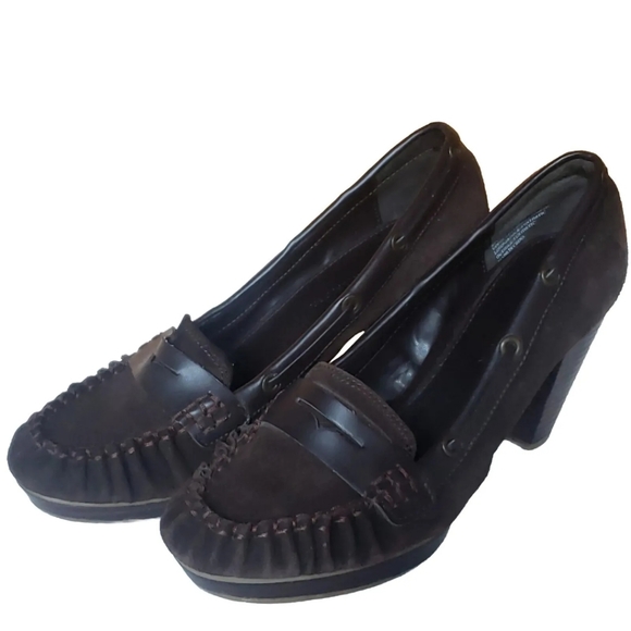 VTG 90s Y2K Tommy Hilfiger Brown Leather Chunky Heel Womens Platform Shoe Size 9 - Picture 1 of 12